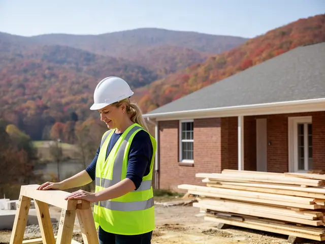 A builder in a hard hat and safety vest on a home construction site.