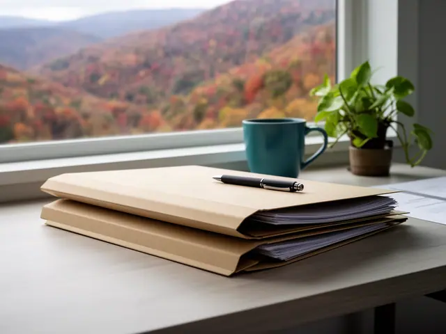 A neat stack of closed manila folders and a pen on a desk by a window.