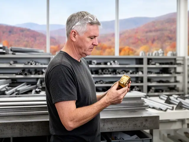 A machinist holding a machined steel part at a workbench.