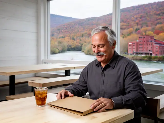 A restaurant owner seated with a folder in an empty dining room before opening.